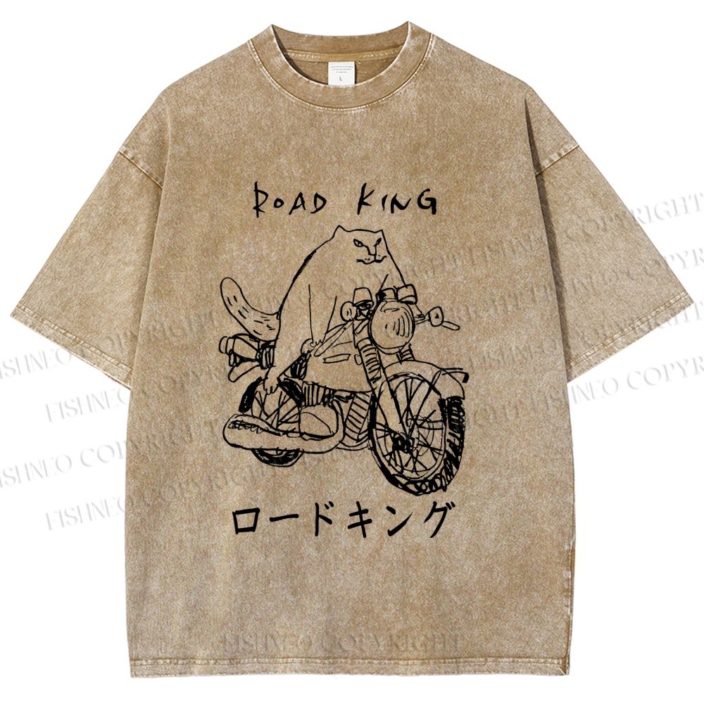 Unisex Weird Cat Road King Printed Washed Tee