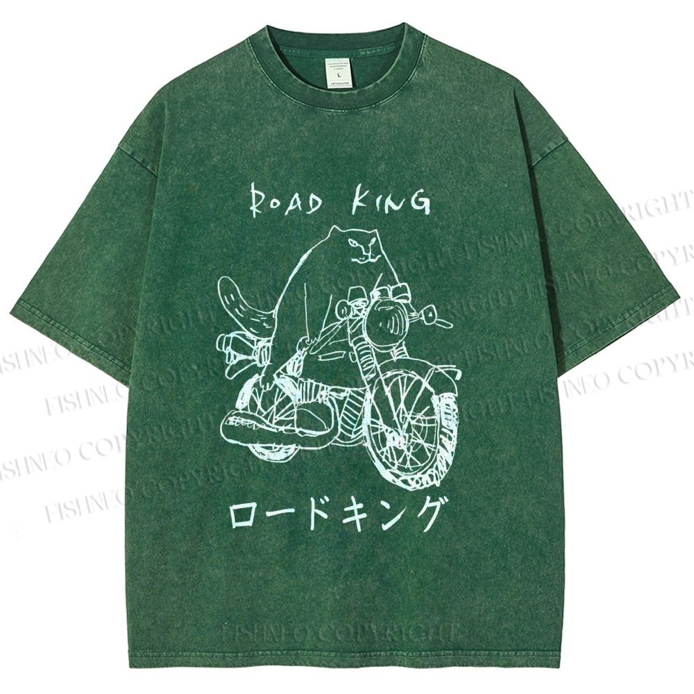 Unisex Weird Cat Road King Printed Washed Tee