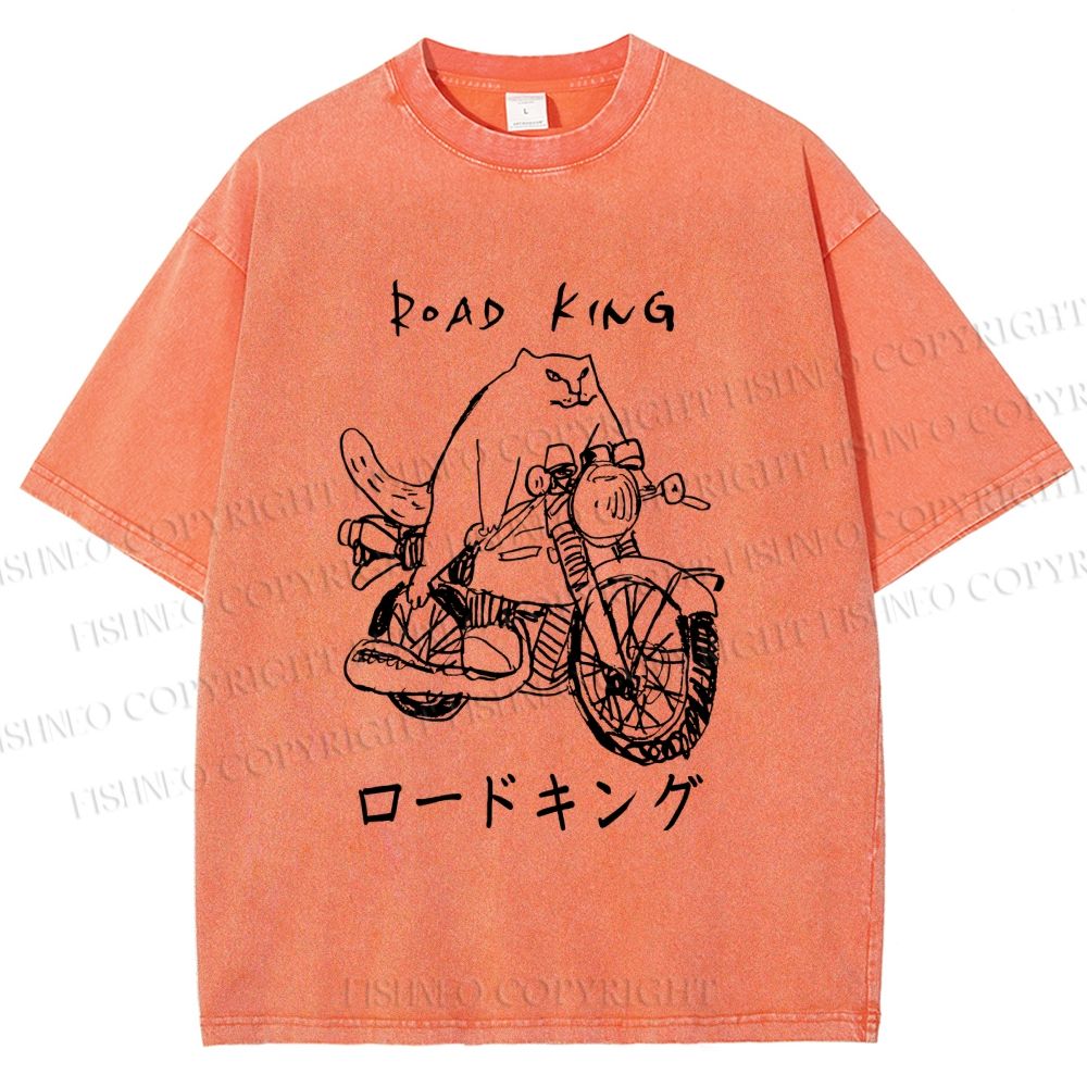 Unisex Weird Cat Road King Printed Washed Tee