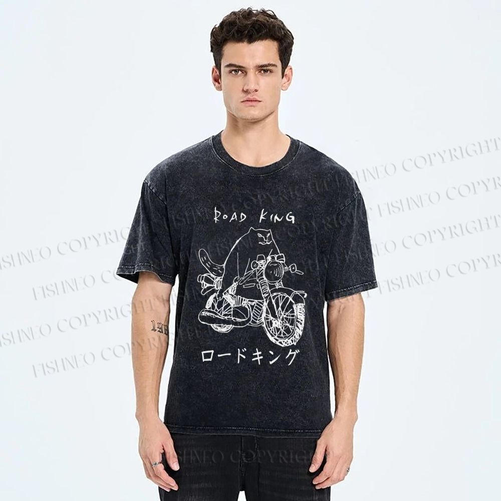 Unisex Weird Cat Road King Printed Washed Tee