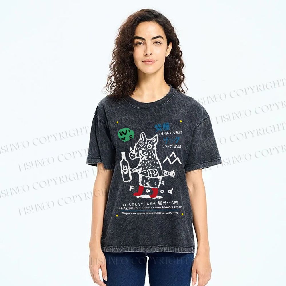 Unisex Funny Pig Printed Washed Tee