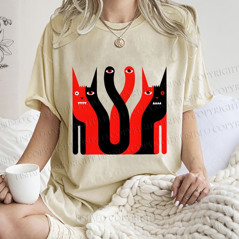 Unisex Eye Cat Printed Washed Tee