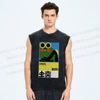 Unisex Frog Poster Printed Washed Tank Top