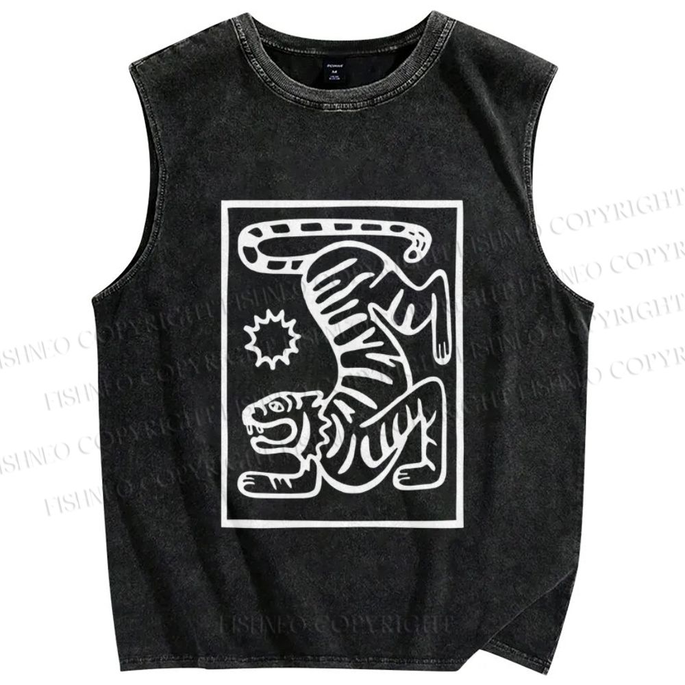 Unisex Tiger Printed Washed Tank Top
