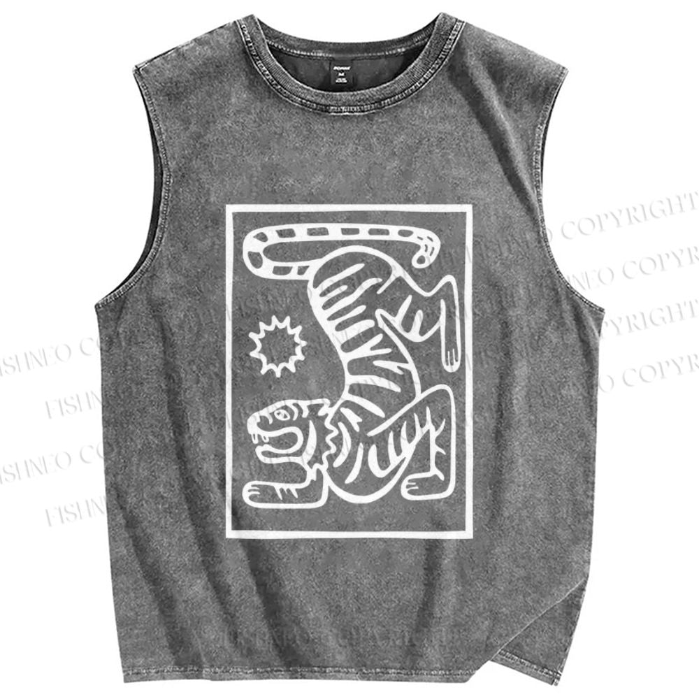 Unisex Tiger Printed Washed Tank Top