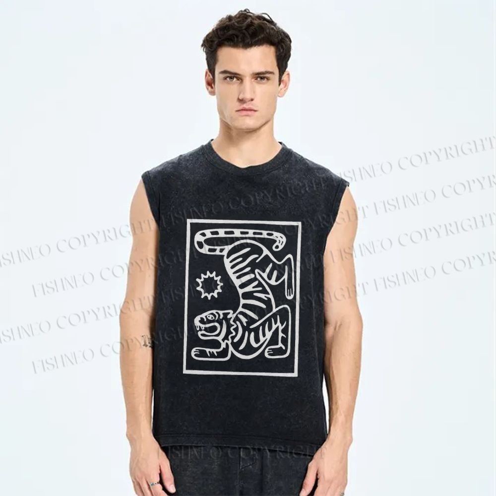 Unisex Tiger Printed Washed Tank Top