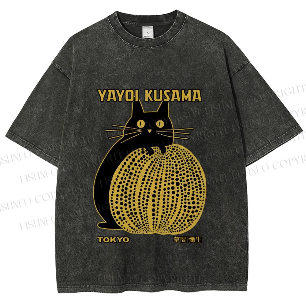 Unisex  Japanese Yayoi Kusama Pumpkin Cat Printed Washed Tee