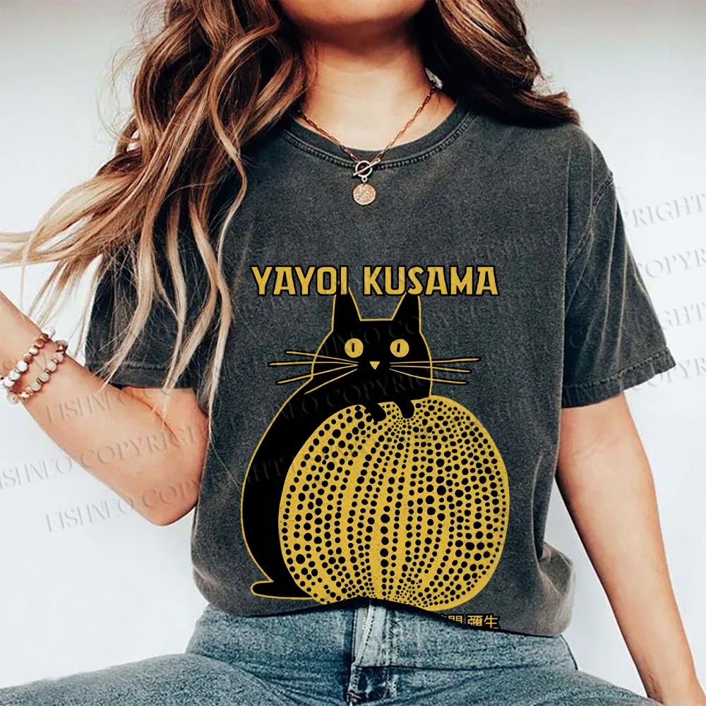 Unisex  Japanese Yayoi Kusama Pumpkin Cat Printed Washed Tee