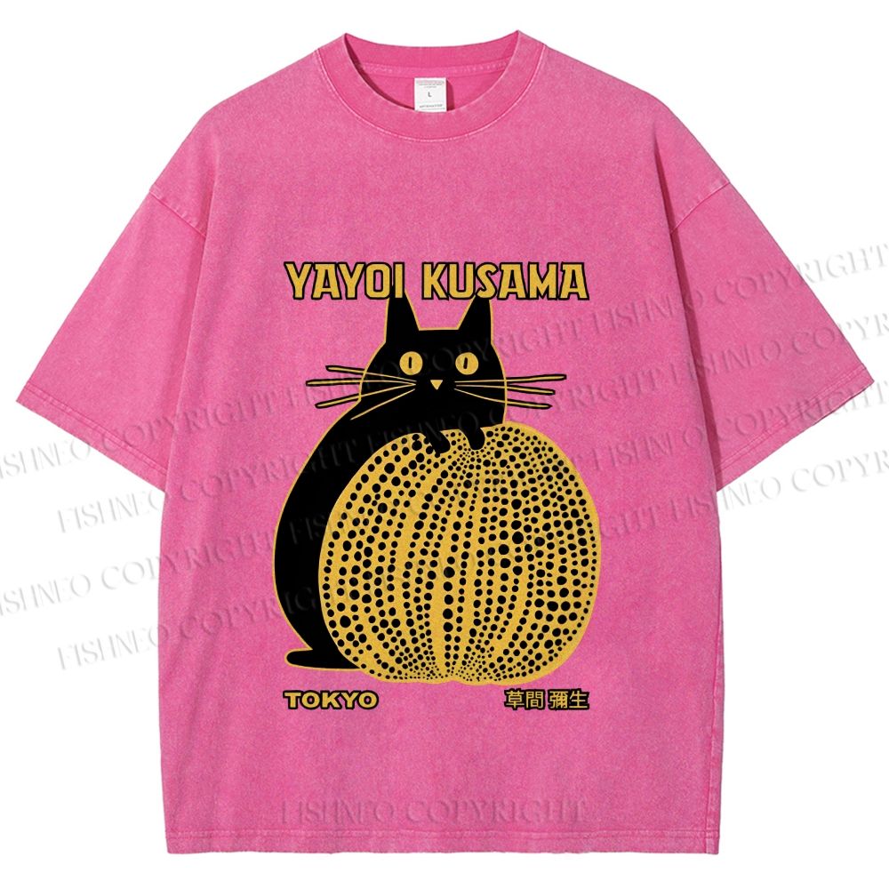 Unisex  Japanese Yayoi Kusama Pumpkin Cat Printed Washed Tee