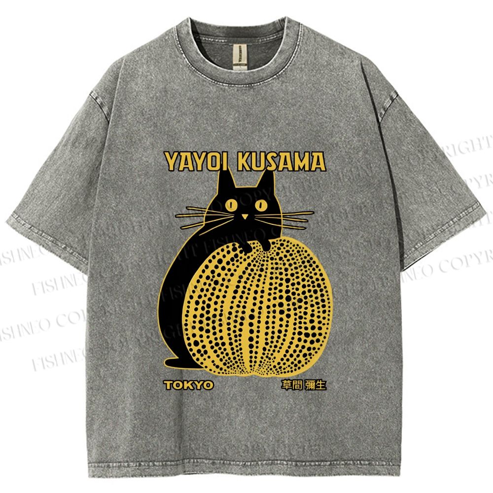 Unisex  Japanese Yayoi Kusama Pumpkin Cat Printed Washed Tee