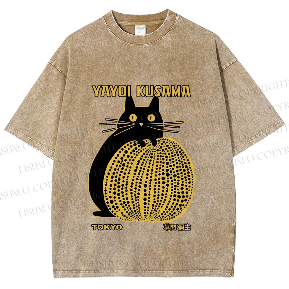 Unisex  Japanese Yayoi Kusama Pumpkin Cat Printed Washed Tee