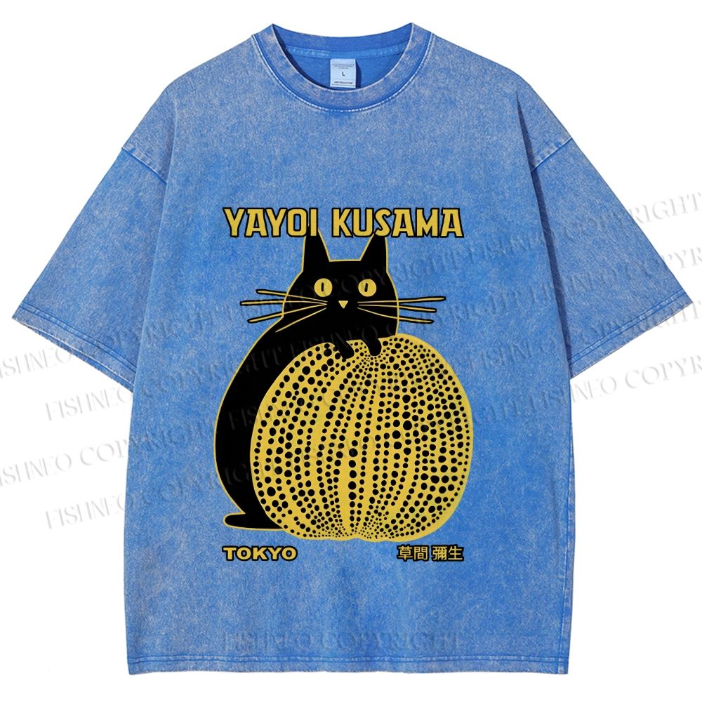 Unisex  Japanese Yayoi Kusama Pumpkin Cat Printed Washed Tee