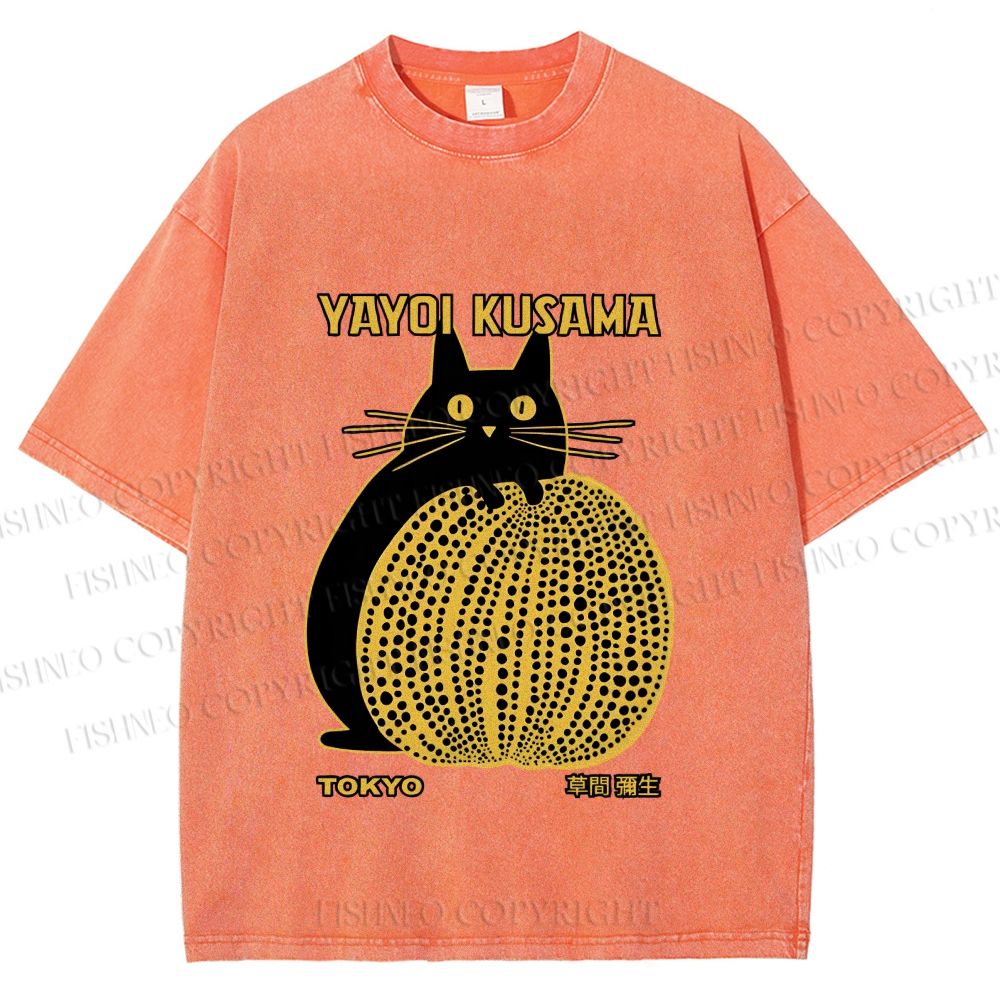 Unisex  Japanese Yayoi Kusama Pumpkin Cat Printed Washed Tee