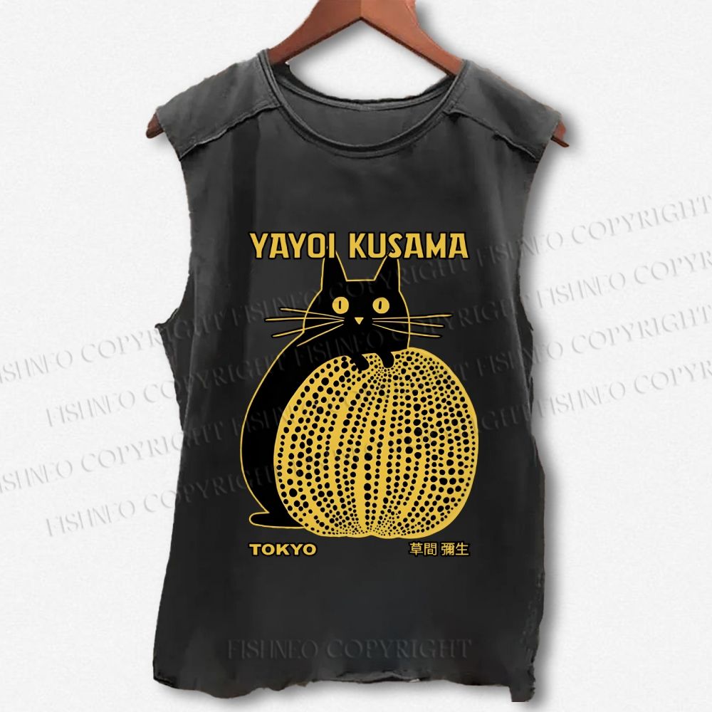 Unisex  Japanese Yayoi Kusama Pumpkin Cat Printed Washed Tank Top