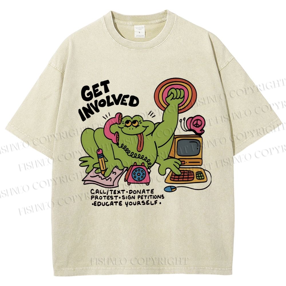 Unisex Working Frog Printed Washed Tee