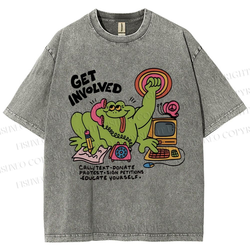 Unisex Working Frog Printed Washed Tee