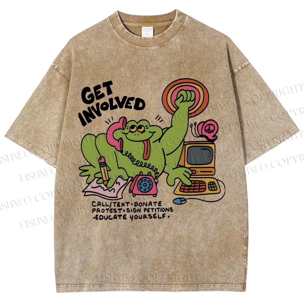 Unisex Working Frog Printed Washed Tee