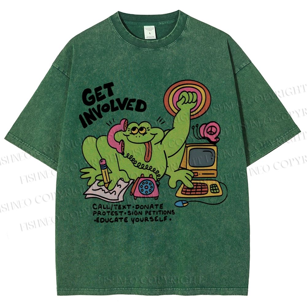 Unisex Working Frog Printed Washed Tee