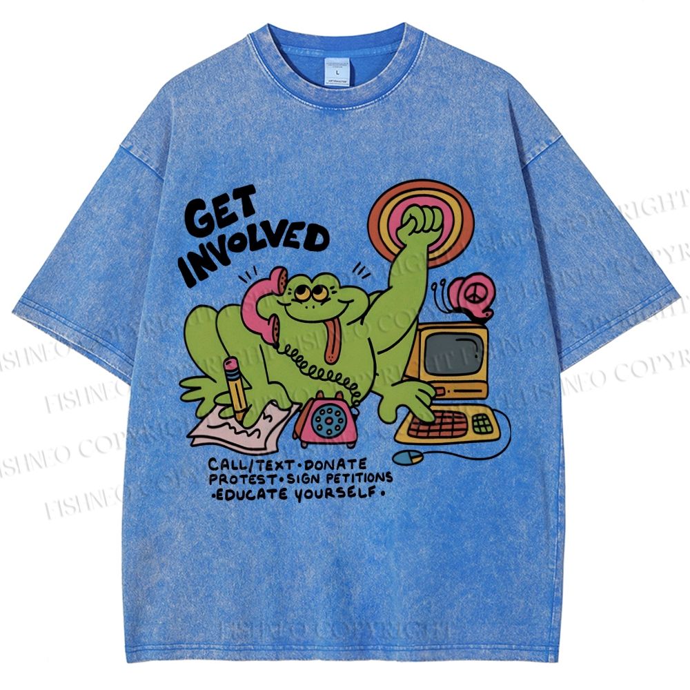 Unisex Working Frog Printed Washed Tee