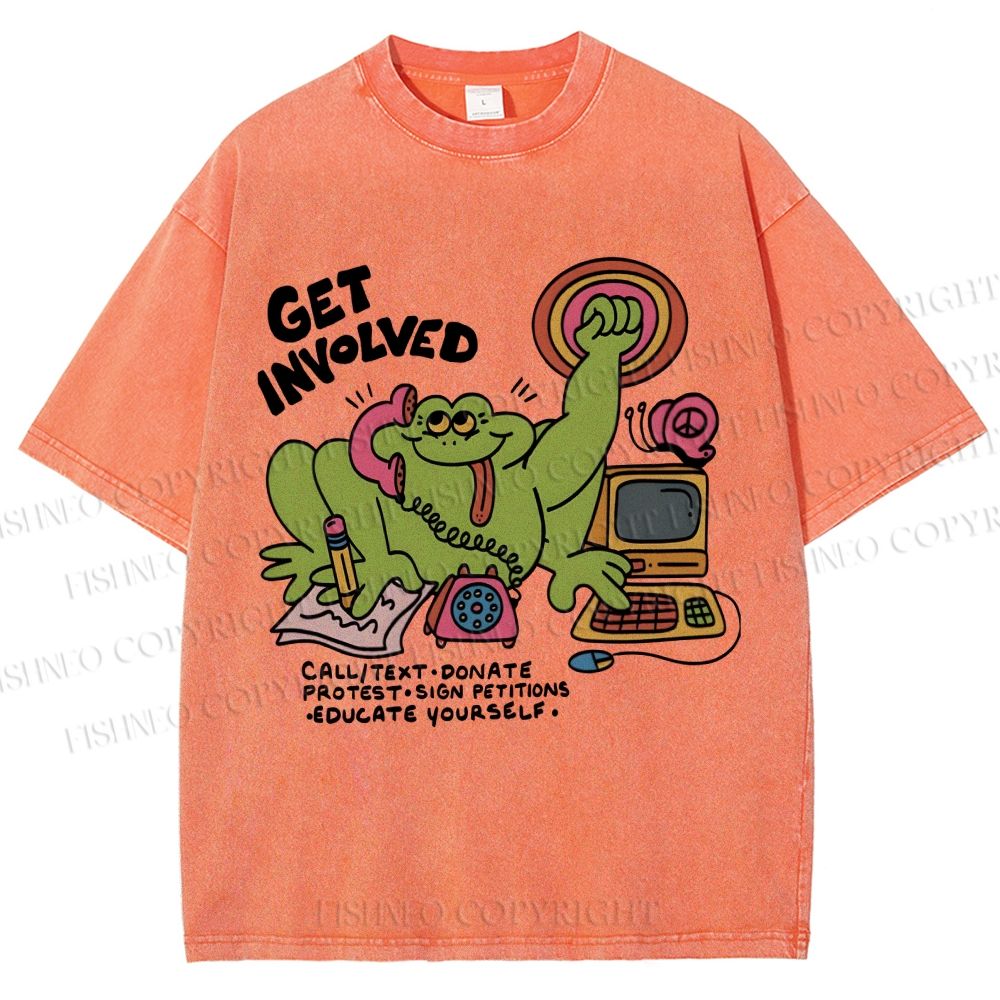 Unisex Working Frog Printed Washed Tee