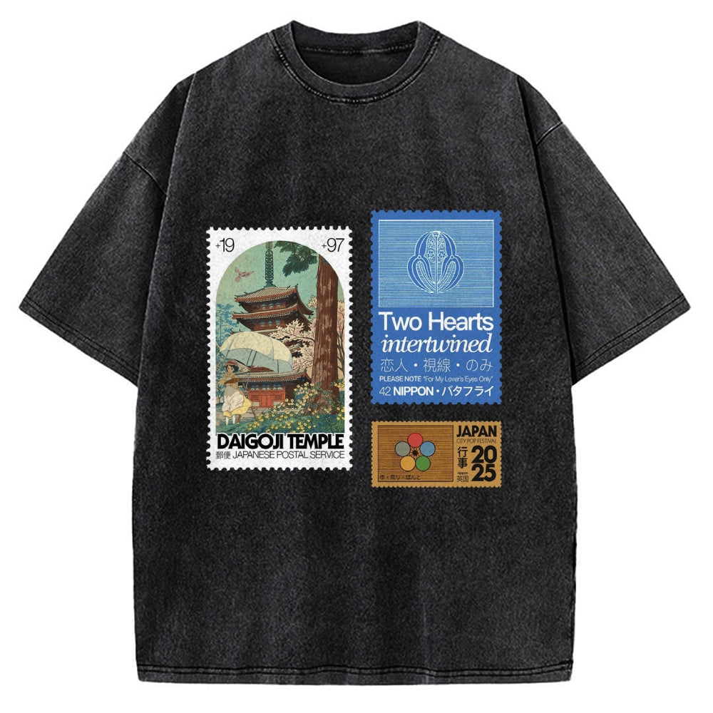 Japanese Post Stamp Anime Vintage Washed T-shirt
