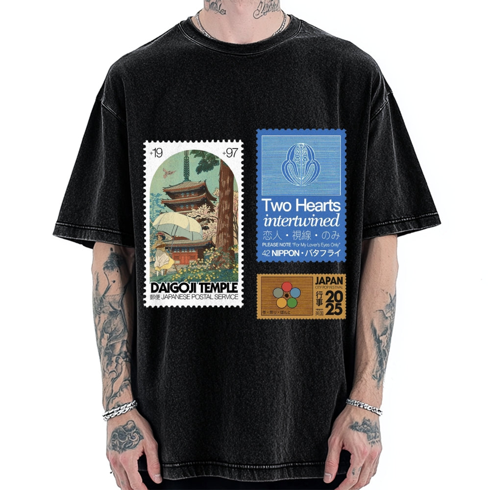 Japanese Post Stamp Anime Vintage Washed T-shirt