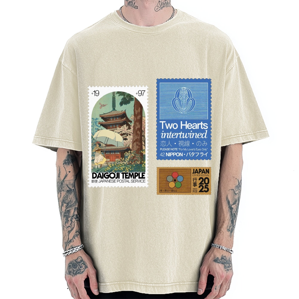 Japanese Post Stamp Anime Vintage Washed T-shirt