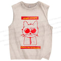 Unisex Cat Printed Washed Tank Top