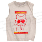 Unisex Cat Printed Washed Tank Top