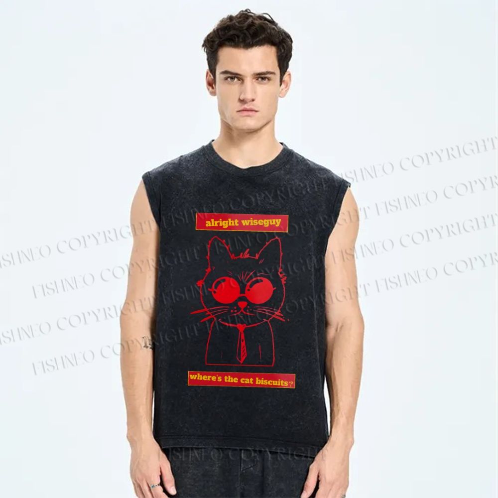 Unisex Cat Printed Washed Tank Top