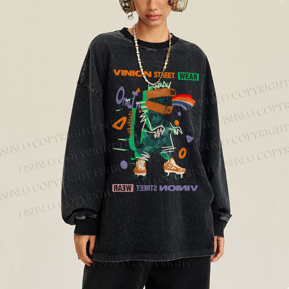 Unisex Casual Washed Cartoon Monsters Printed Long Sleeve T-shirt