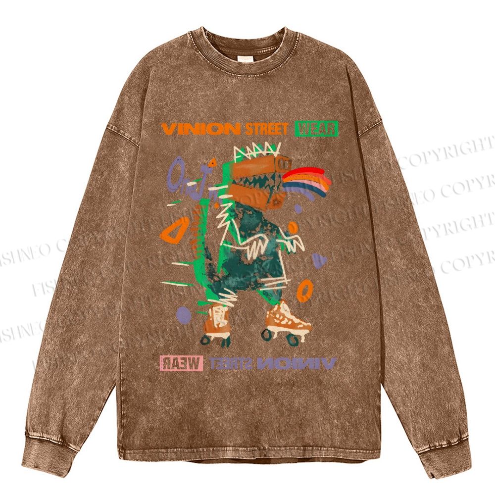 Unisex Casual Washed Cartoon Monsters Printed Long Sleeve T-shirt