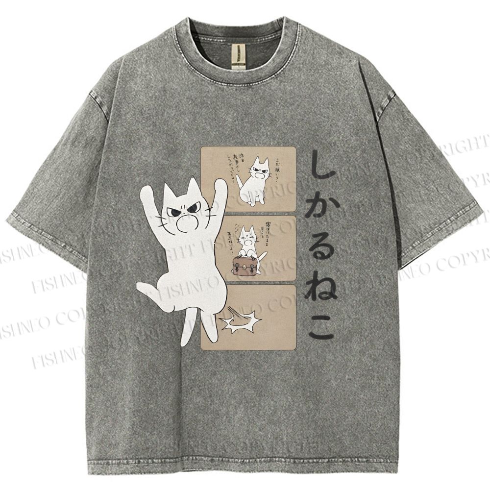 Unisex Angry Cat Printed Washed Tee