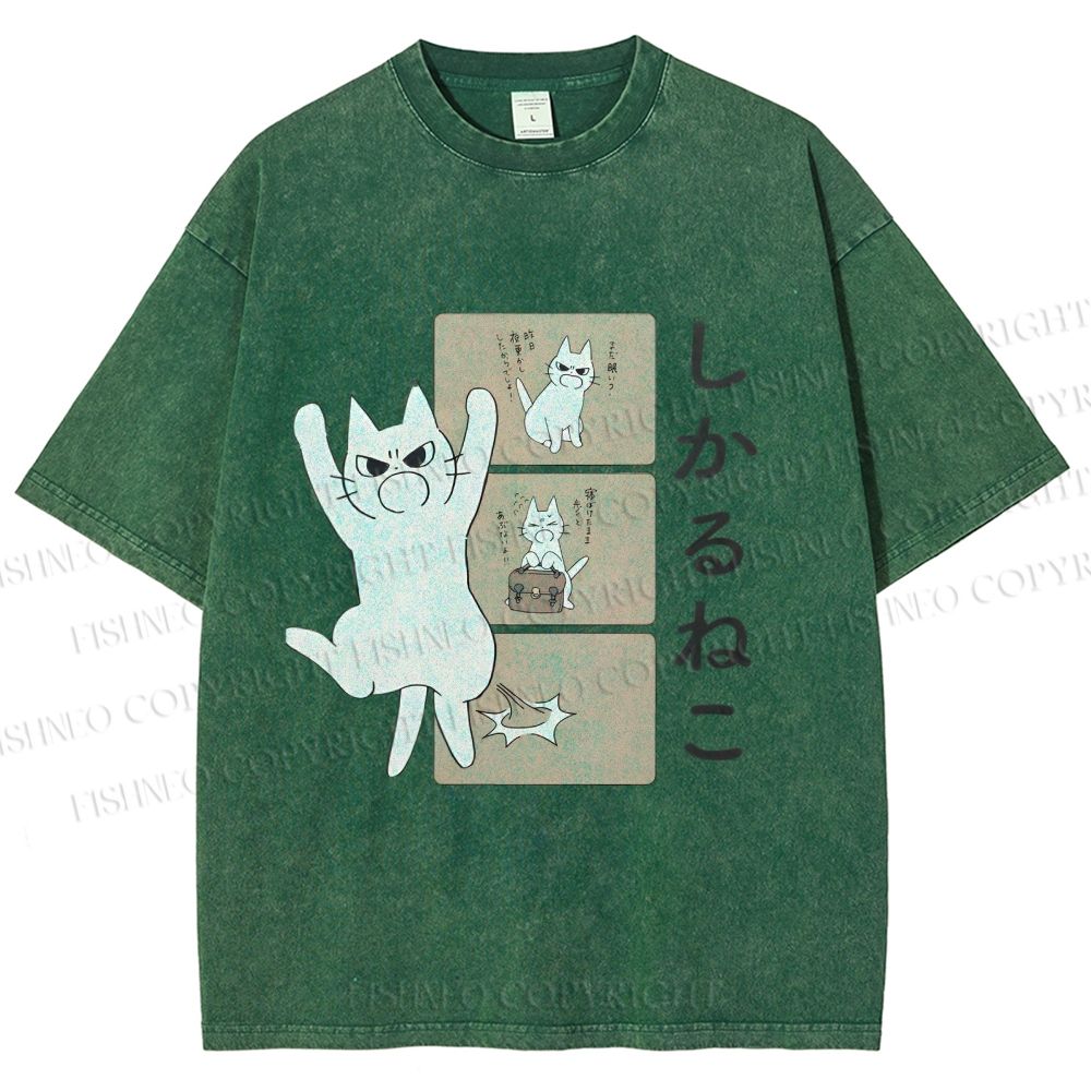 Unisex Angry Cat Printed Washed Tee
