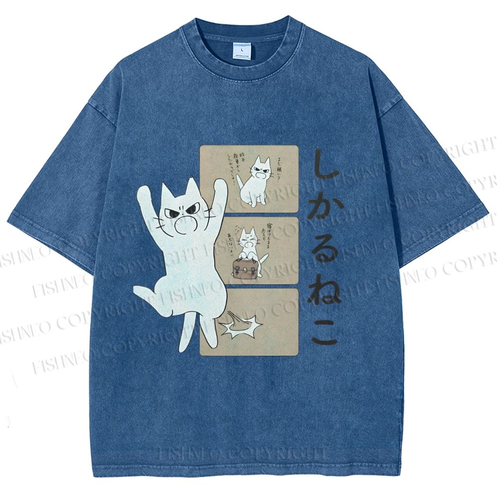 Unisex Angry Cat Printed Washed Tee