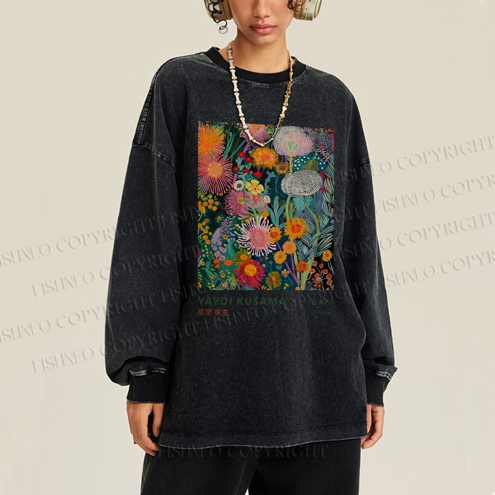 Unisex Casual Washed Yayoi Kusama Flower Printed Long Sleeve T-shirt
