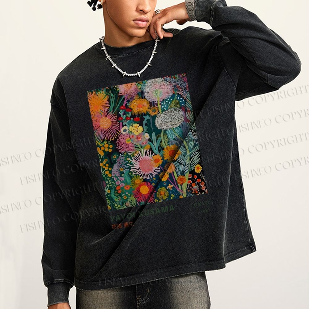 Unisex Casual Washed Yayoi Kusama Flower Printed Long Sleeve T-shirt