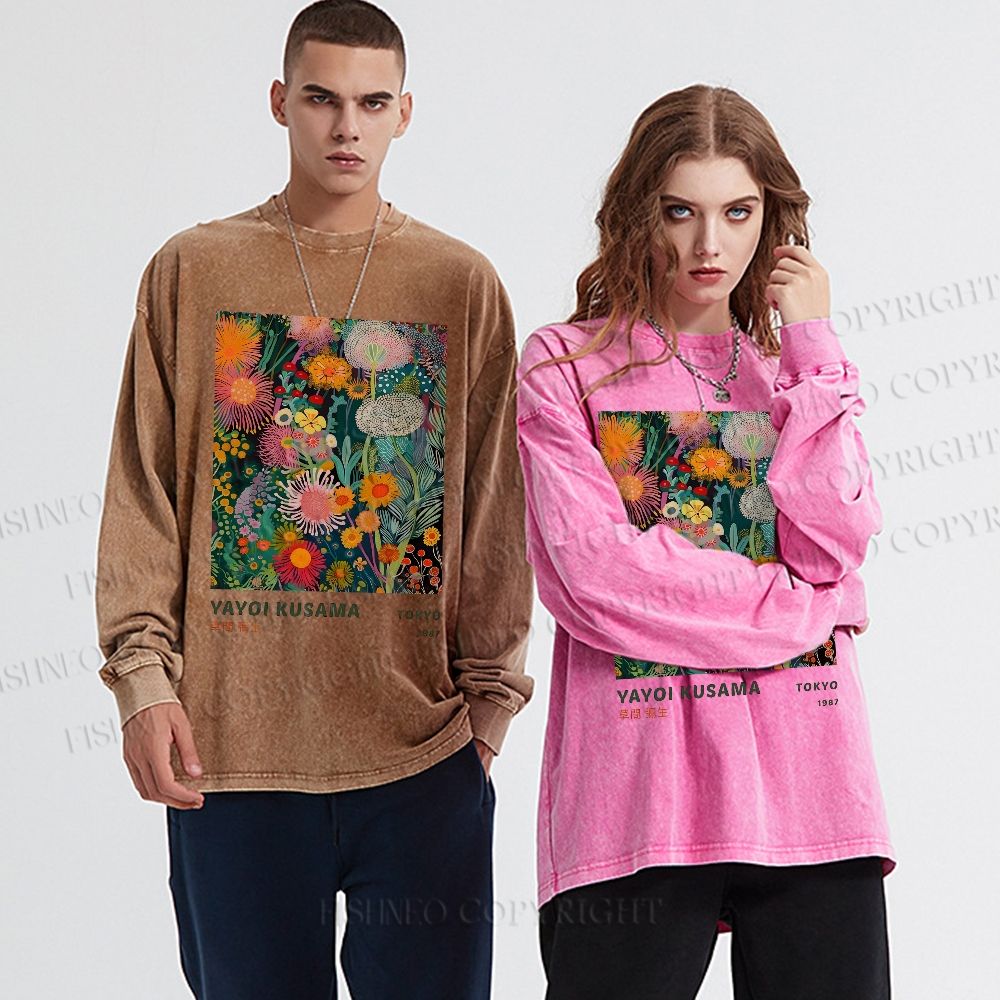 Unisex Casual Washed Yayoi Kusama Flower Printed Long Sleeve T-shirt