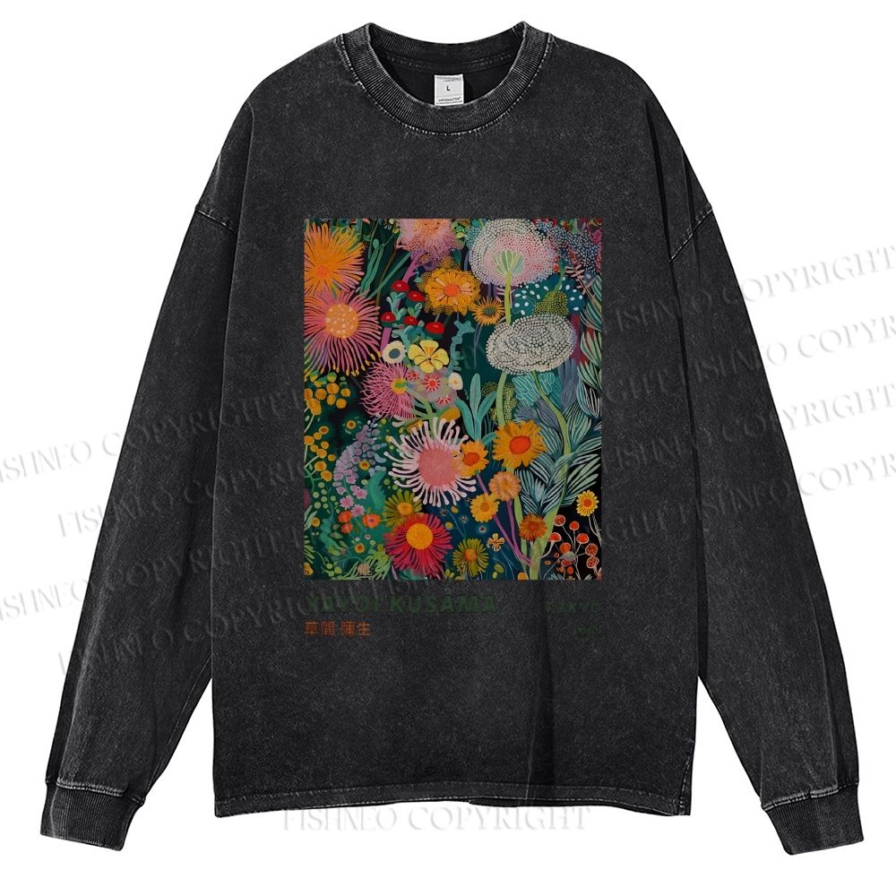 Unisex Casual Washed Yayoi Kusama Flower Printed Long Sleeve T-shirt