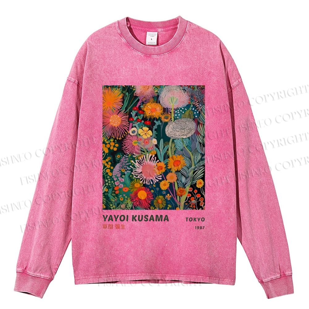 Unisex Casual Washed Yayoi Kusama Flower Printed Long Sleeve T-shirt