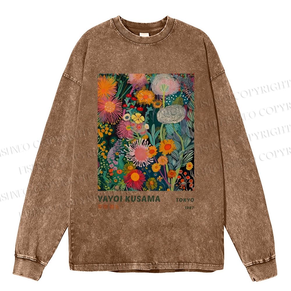 Unisex Casual Washed Yayoi Kusama Flower Printed Long Sleeve T-shirt