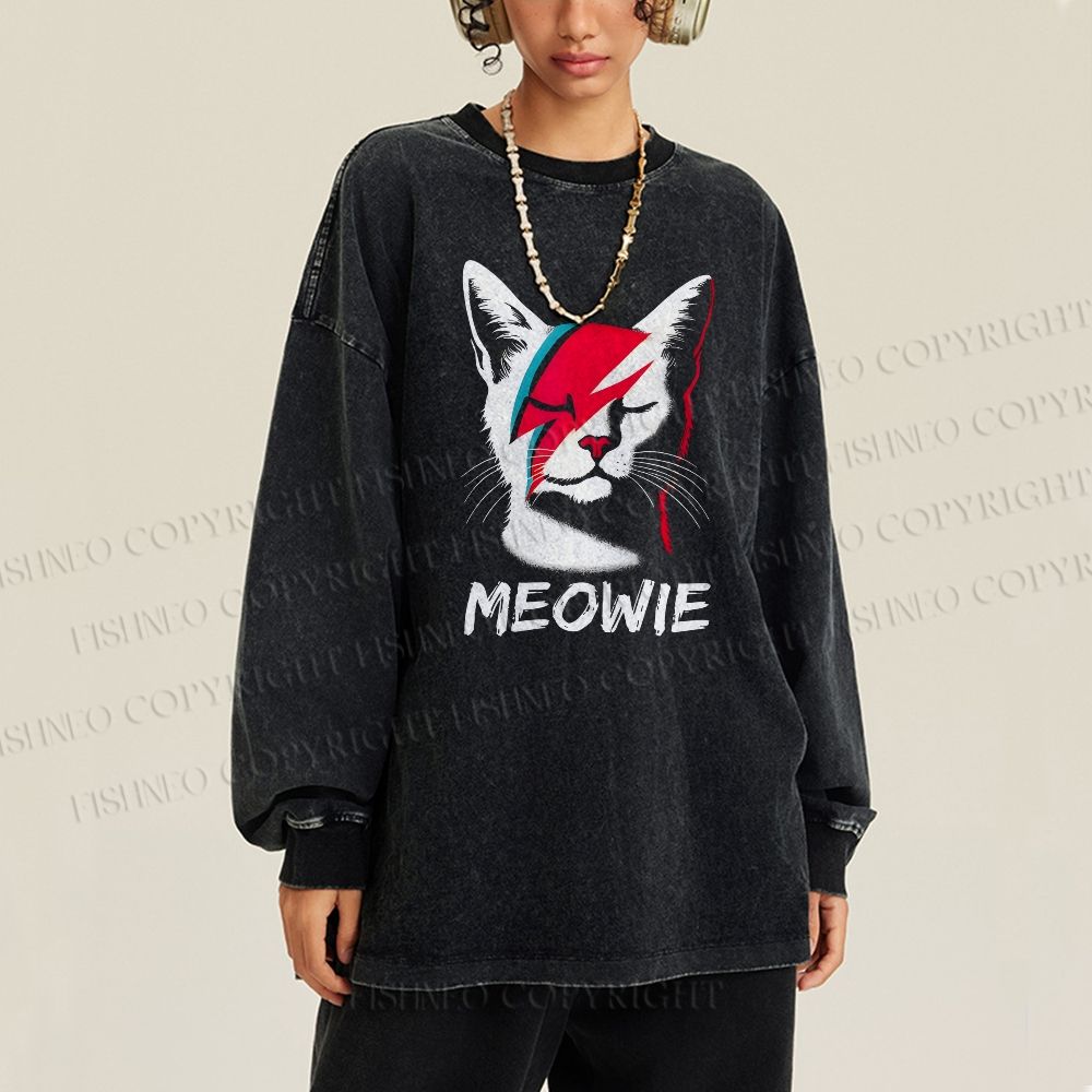 Unisex Casual Washed Artistic Cat Printed Long Sleeve T-shirt