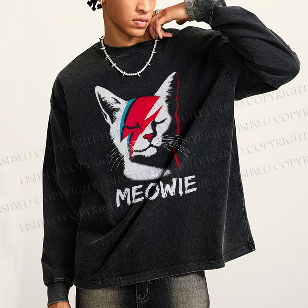 Unisex Casual Washed Artistic Cat Printed Long Sleeve T-shirt