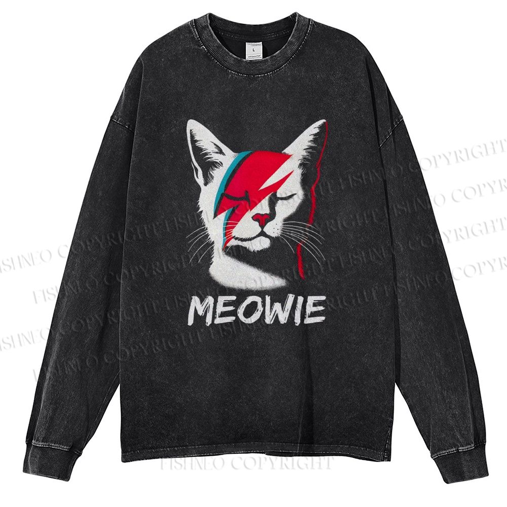 Unisex Casual Washed Artistic Cat Printed Long Sleeve T-shirt