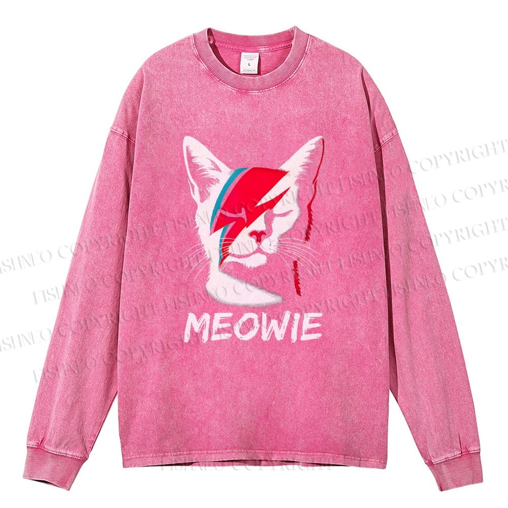 Unisex Casual Washed Artistic Cat Printed Long Sleeve T-shirt