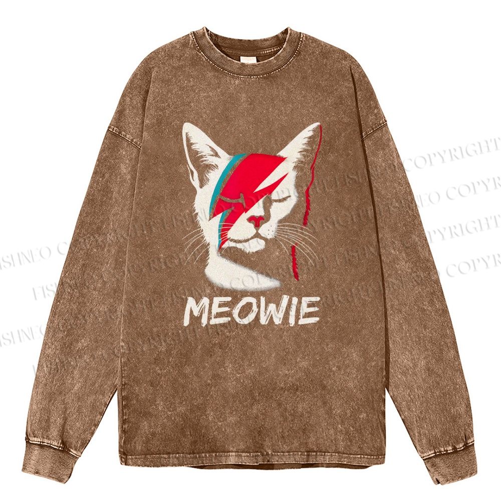 Unisex Casual Washed Artistic Cat Printed Long Sleeve T-shirt