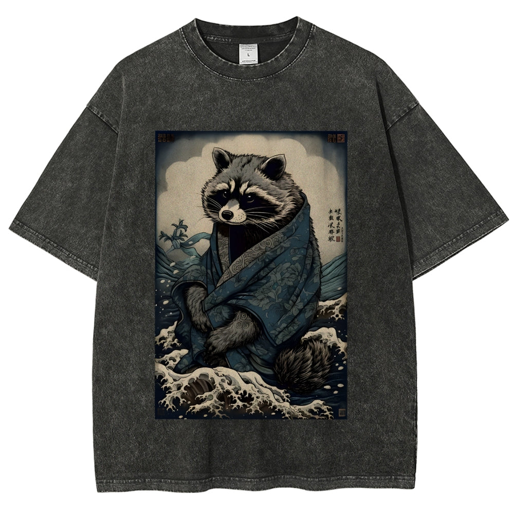 Raccoon and Waves - Traditional Japanese Ukiyoe Painting Vintage Washed T-shirt
