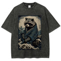 Raccoon and Waves - Traditional Japanese Ukiyoe Painting Vintage Washed T-shirt
