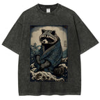 Raccoon and Waves - Traditional Japanese Ukiyoe Painting Vintage Washed T-shirt