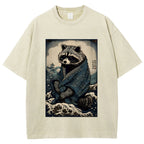 Raccoon and Waves - Traditional Japanese Ukiyoe Painting Vintage Washed T-shirt